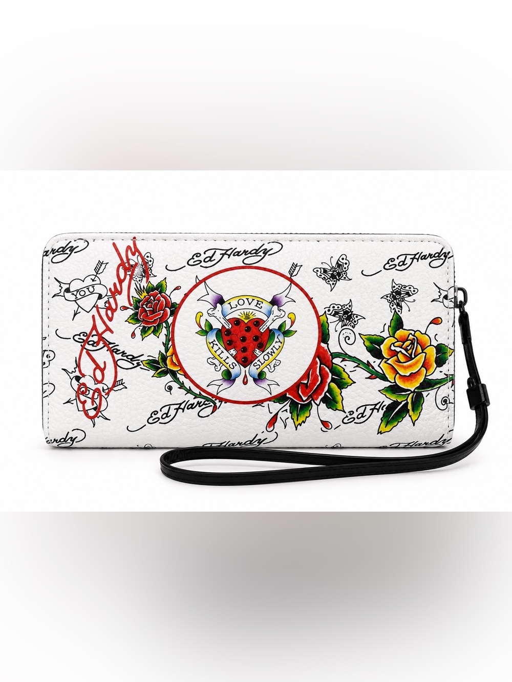 Ed Hardy Love Kills Slowly Wallet White Tattoo Rose Butterfly Wristlet Y2K